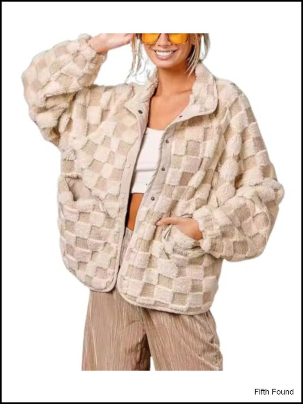 Women Checkered Fleece Sherpa Jacket Faux Fur Button Down Shacket